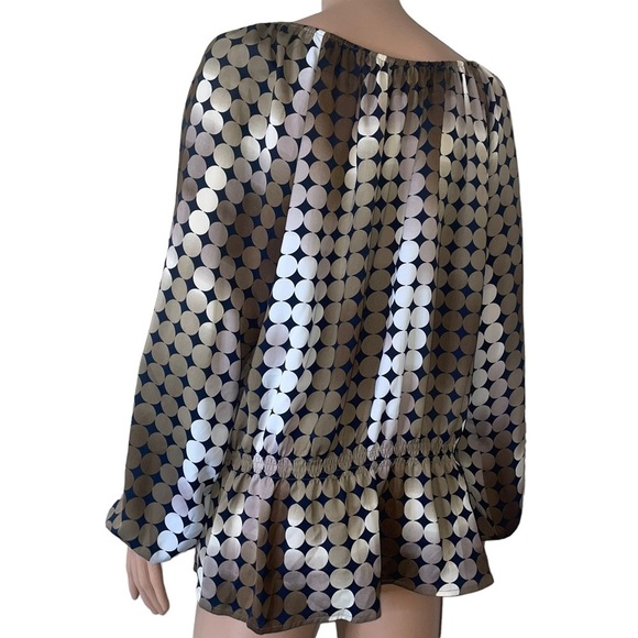 Ellen Tracy Long Sleeve TOP Blouse Large Brown Yellow Geometric Dots Crew SZ XL - Picture 4 of 13